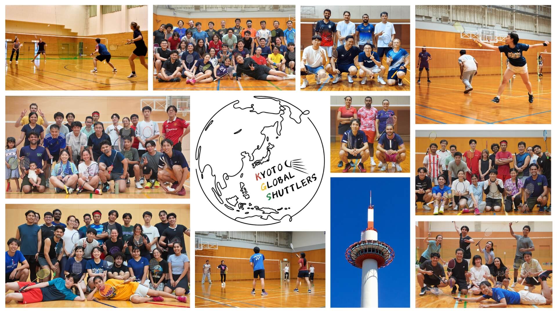 International badminton players from around the world enjoying games and making friends through Kyoto Global Shuttlers in Kyoto, Japan.